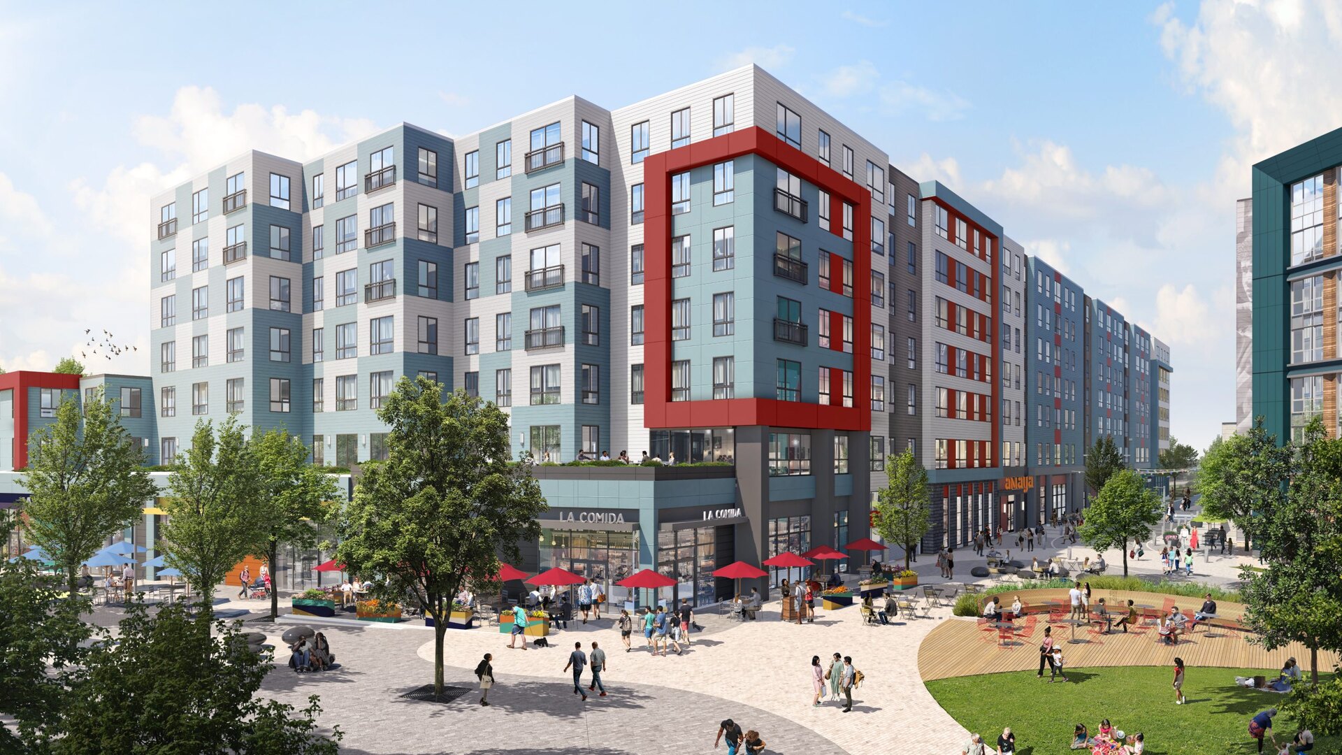 Amaya luxury apartments' exterior view of buildings & surroundings in Revere, MA.